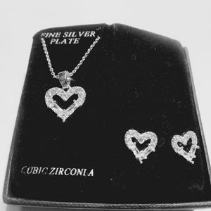 DANECRAFT Fine Silver Plate Cubic Zirconia Heart Necklace Post Earring NEW